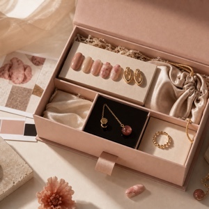 Open Switchroom jewelry subscription box with curated gold-tone jewelry and blush-toned nail objects